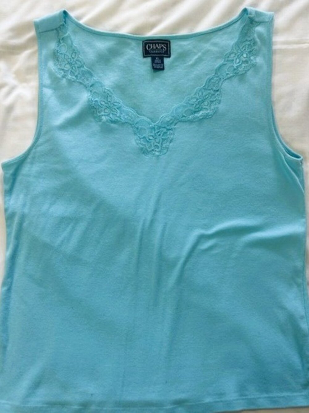 Chaps Ladies Top XL Light Blue Laced V Neck 100% Cotton